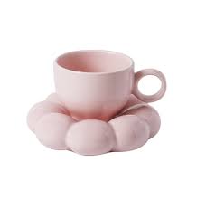 Rosa Moln Keramisk Kaffemugg med Fat